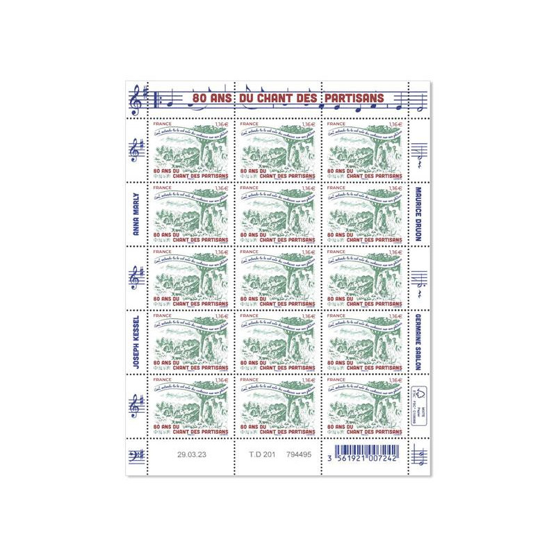 Timbre Chant des Partisans en feuillet de France N°F100 neuf**.