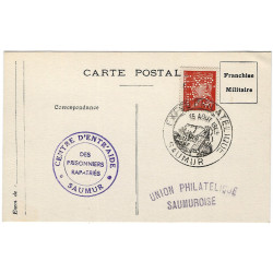 Libération de Saumur timbre N°1 oblitéré sur carte franchise militaire.