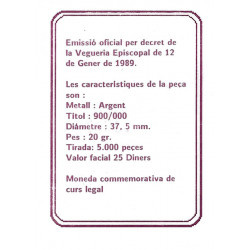 Monnaie Andorre FDC argent 25 Diners - Évêque de Sala 1989.