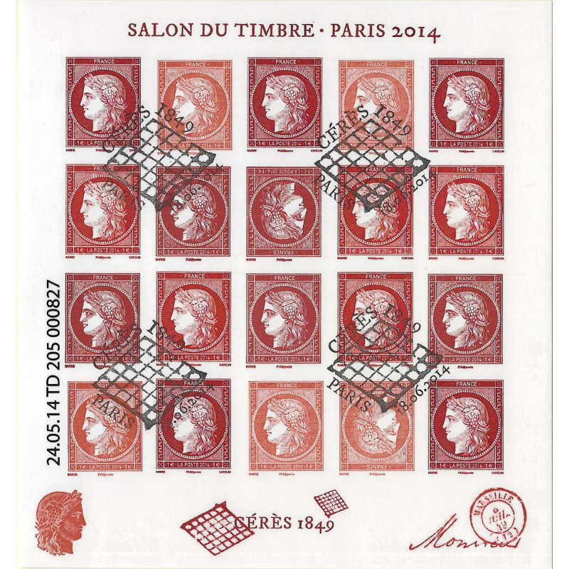 Feuillet de 20 timbres Cérès vermillon F4871 oblitéré grille. R