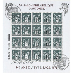 Feuillet de 20 timbres 140 ans du type Sage F5094 oblitéré premier jour.