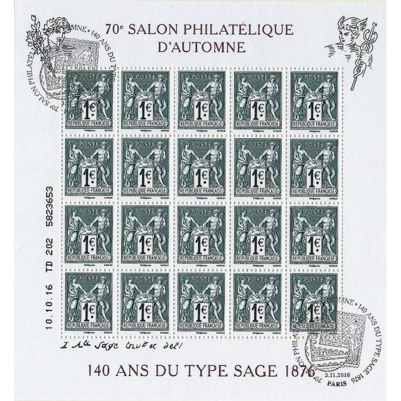 Feuillet de 20 timbres 140 ans du type Sage F5094 oblitéré premier jour.