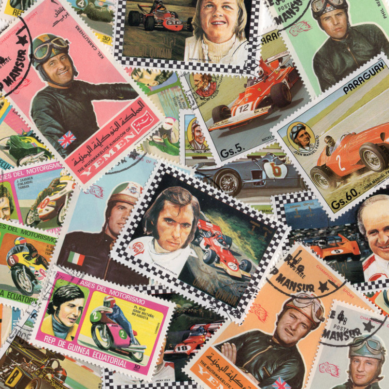 Pilotes de course 25 timbres thématiques tous différents.