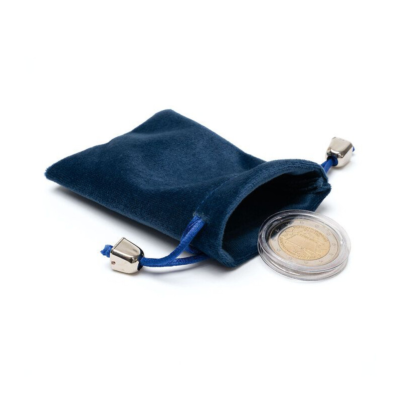 Sachet bleu en velours pour monnaies de collection.