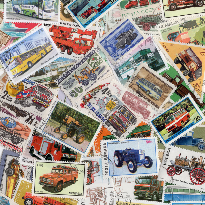 Voitures Utilitaires 50 timbres thématiques tous différents.