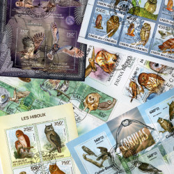 Hiboux - Chouettes 10 blocs-feuillets de timbres thématiques.