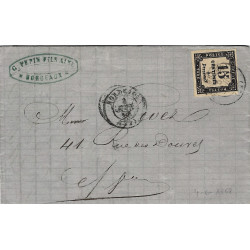 Timbre-taxe N°3B oblitéré sur pli de Bordeaux 1868.