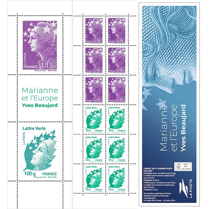 Carnet mixte de 14 timbres Marianne et l'Europe N°1535.