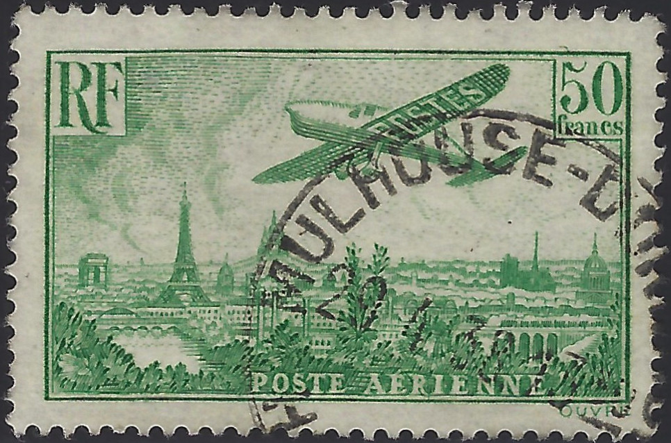 Timbre Poste Aérienne France N°14 50F Vert-jaune Avion Paris - Oblitéré 1936 - Très Bon état
