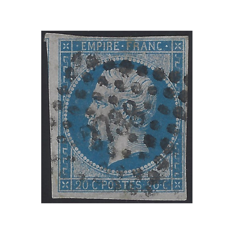 Empire non dentelé timbre de France N°14Ae bleu sur lilas oblitéré.