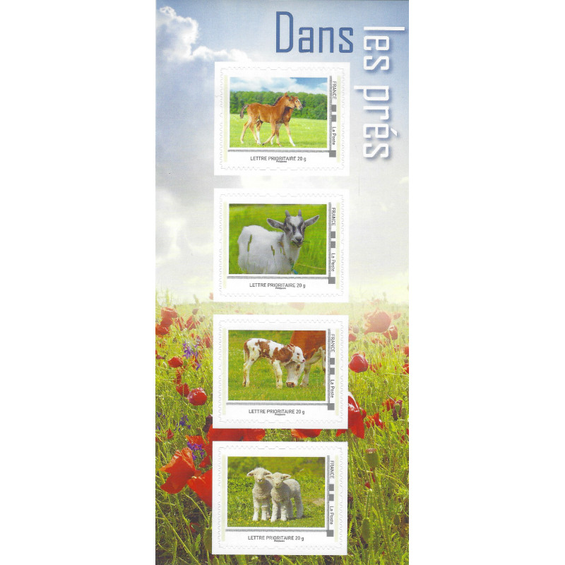 Collector 4 timbres autoadhésifs - Animaux de la Ferme, dans les près.