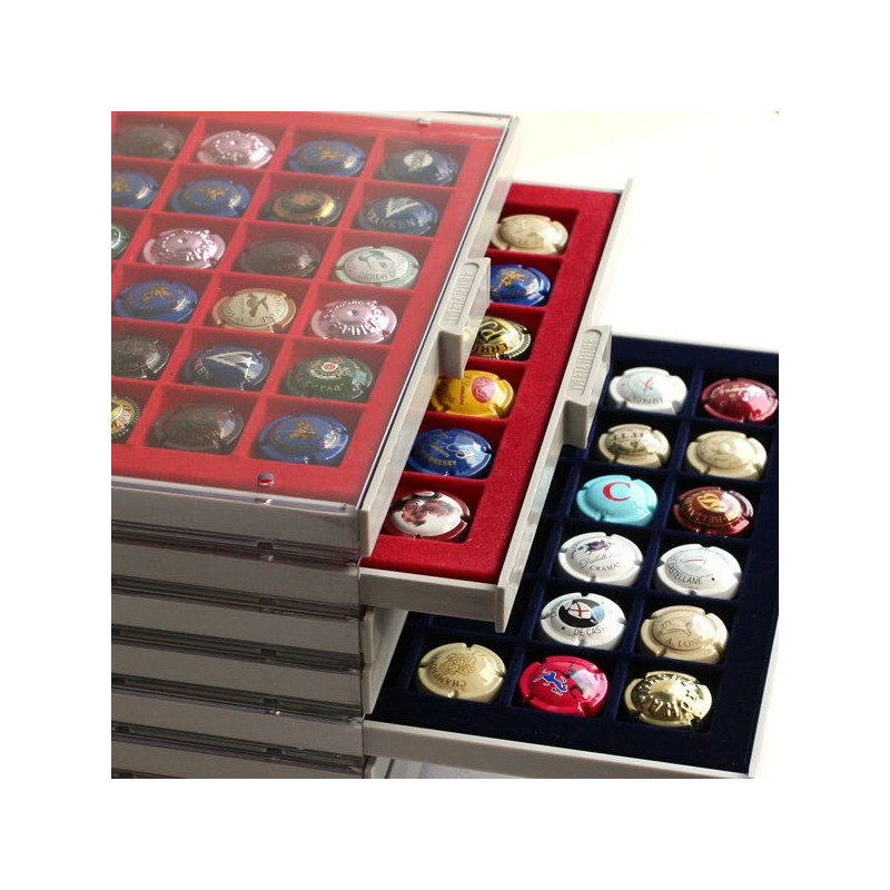 Box tiroir superposable pour 48 muselets de champagne, capsules de bière.
