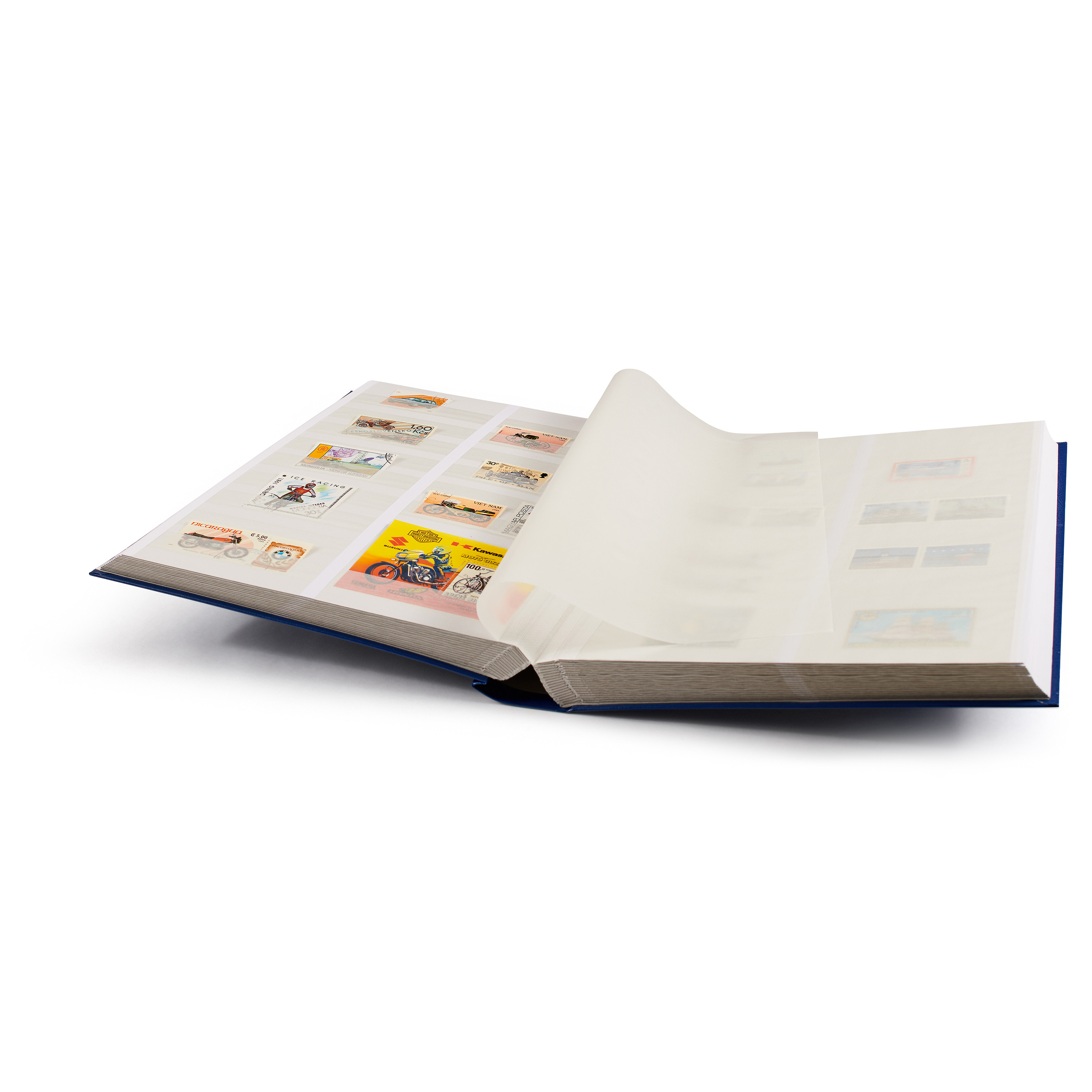 Classeur Lindner Original 64 Pages Blanches – 230 X 305 Mm, 10 Bandes Cristal Par Page, Couverture Simili Cuir Bleue