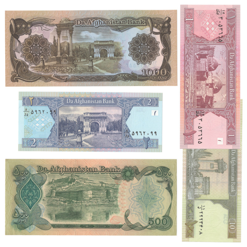 Afghanistan 5 billets de banque neufs.