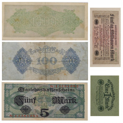 Allemagne 5 billets de banque anciens.