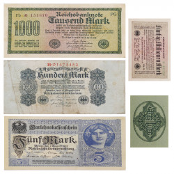 Allemagne 5 billets de banque anciens.
