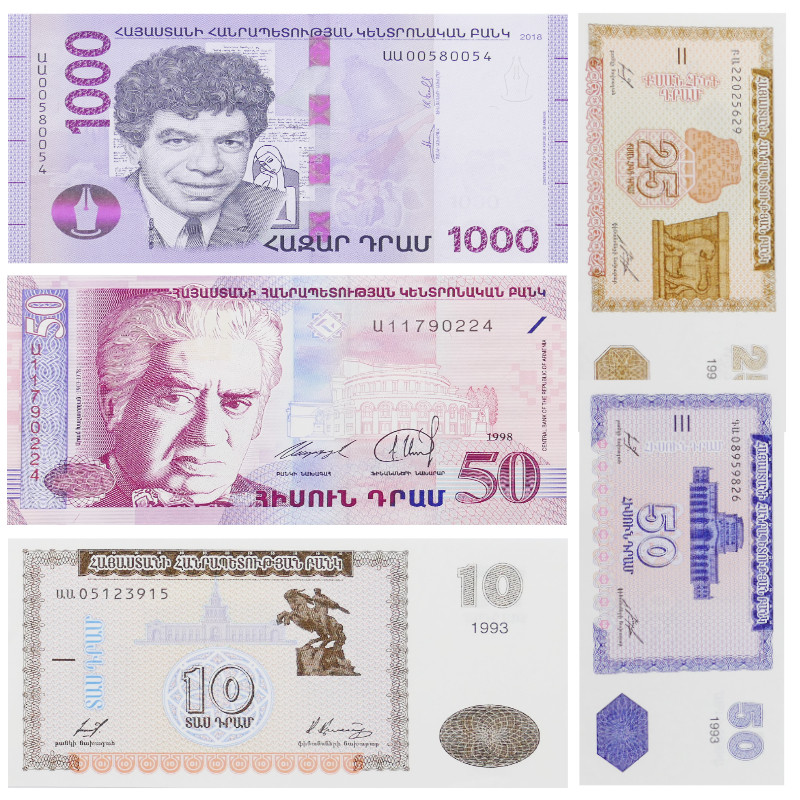 Arménie 5 billets de banque neufs.