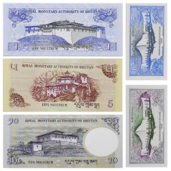Bhoutan 5 billets de banque neufs.
