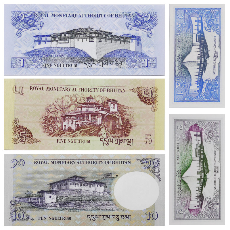 Bhoutan 5 billets de banque neufs.
