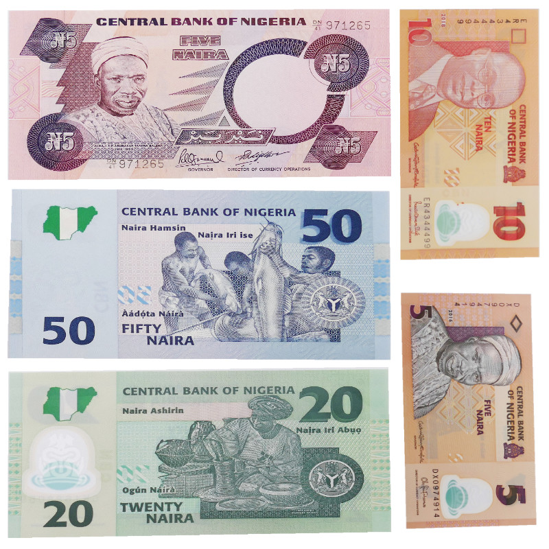 Nigeria 5 billets de banque neufs.