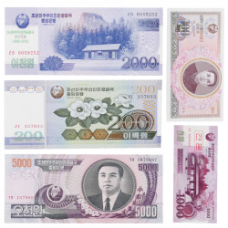 Corée du Nord 5 billets de banque neufs.