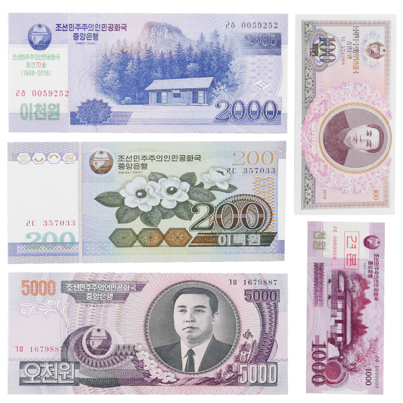 Corée du Nord 5 billets de banque neufs.