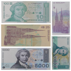 Croatie 5 billets de banque neufs.