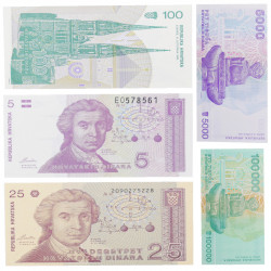 Croatie 5 billets de banque neufs.
