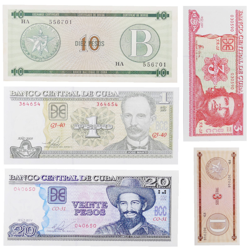 Cuba 5 billets de banque neufs.