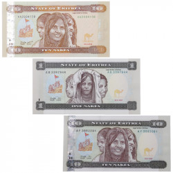 Érythrée 3 billets de banque neufs.