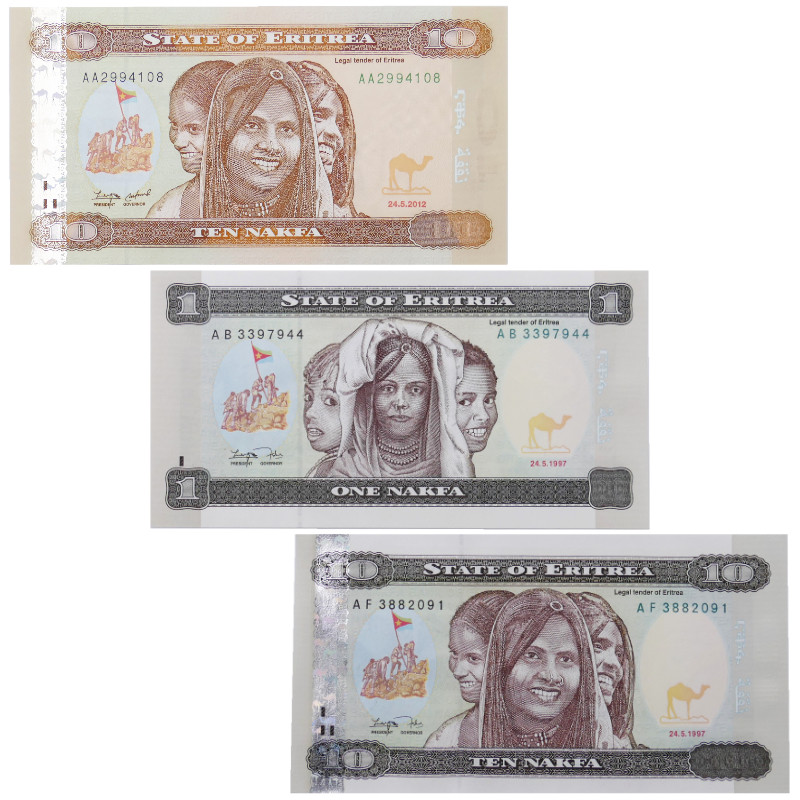 Érythrée 3 billets de banque neufs.