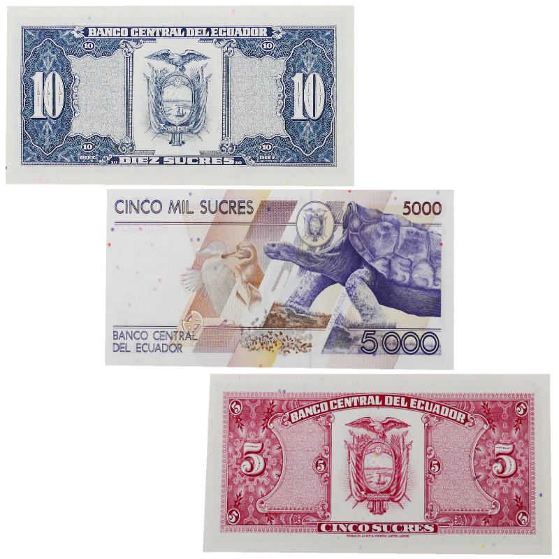 Equateur 3 billets de banque neufs.