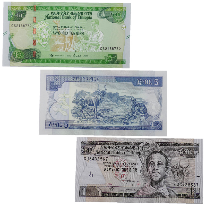Ethiopie 3 billets de banque neufs.