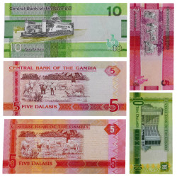 Gambie 5 billets de banque neufs.