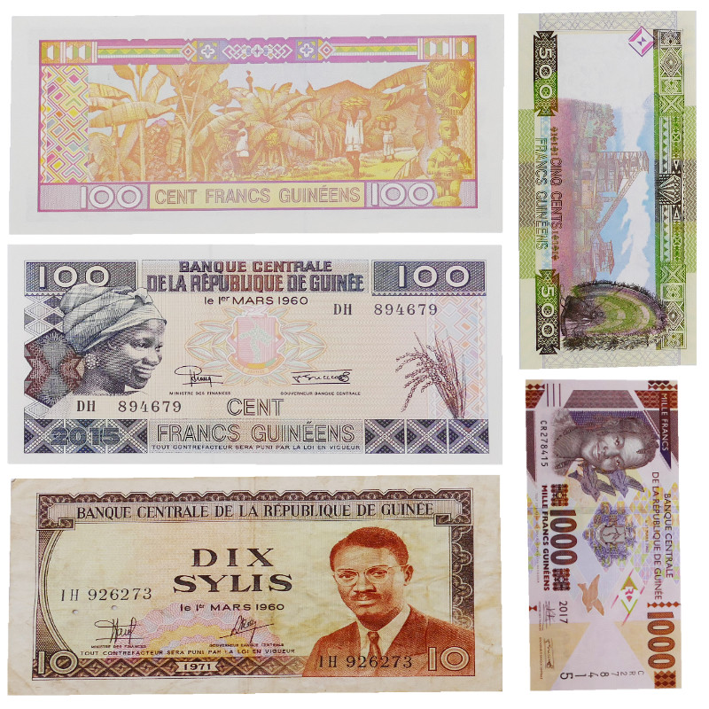 Guinée Française 5 billets de banque anciens.