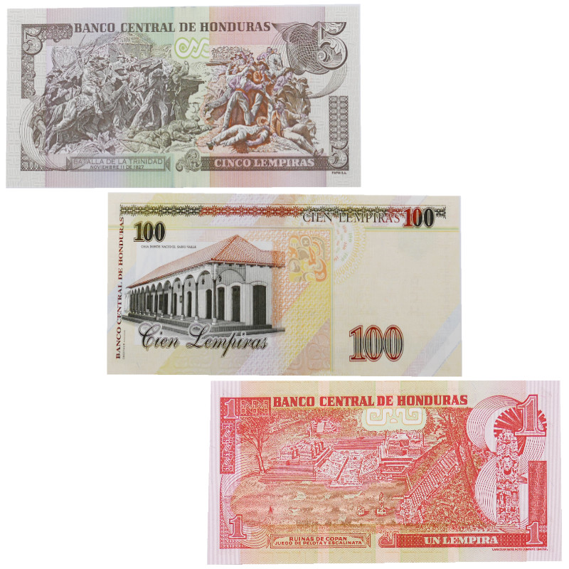 Honduras 3 billets de banque neufs.