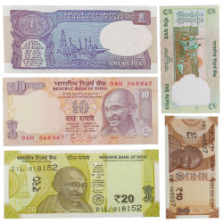 Inde 5 billets de banque neufs.