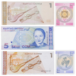 Kirghizistan 5 billets de banque neufs.
