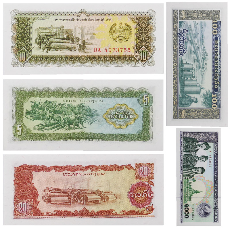 Laos 5 billets de banque neufs.