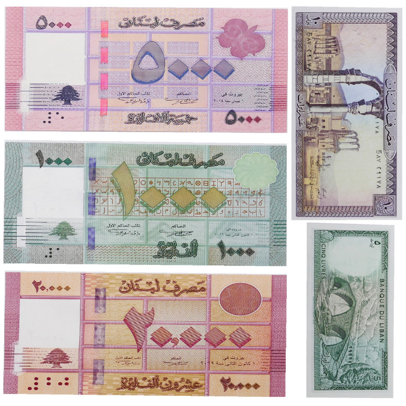 Liban 5 billets de banque neufs.
