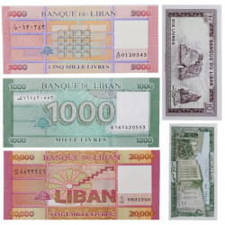 Liban 5 billets de banque neufs.