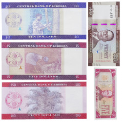Libéria 5 billets de banque neufs.