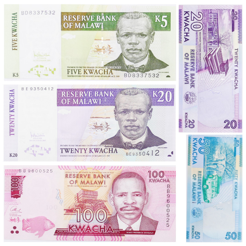 Malawi 5 billets de banque neufs.
