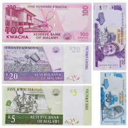 Malawi 5 billets de banque neufs.