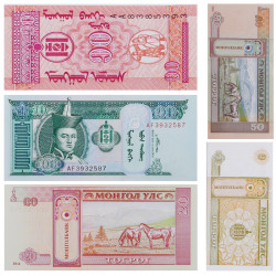 Mongolie 5 billets de banque neufs.