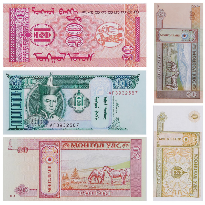 Mongolie 5 billets de banque neufs.