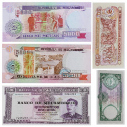 Mozambique 5 billets de banque neufs.