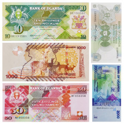 Ouganda 5 billets de banque neufs.