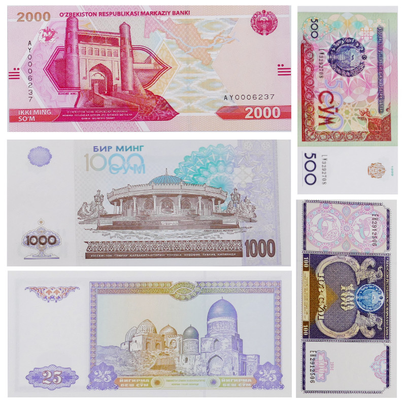 Ouzbékistan 5 billets de banque neufs.