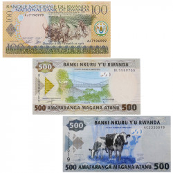 Rwanda 3 billets de banque neufs.